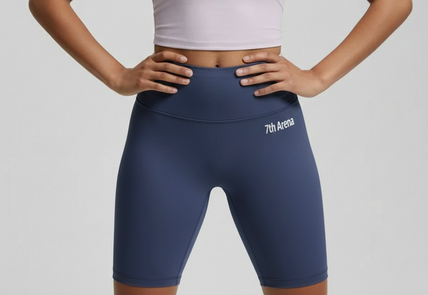 Person wearing navy blue athletic shorts with '7th Arena' branding on a gray background