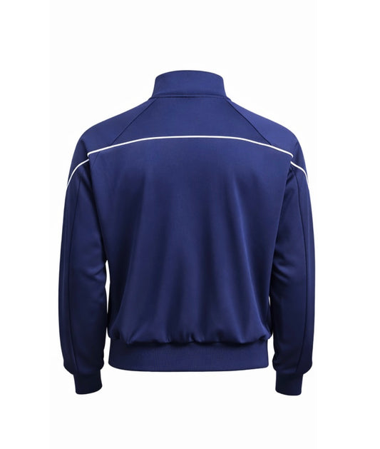 Navy blue jacket with white accents on a white background