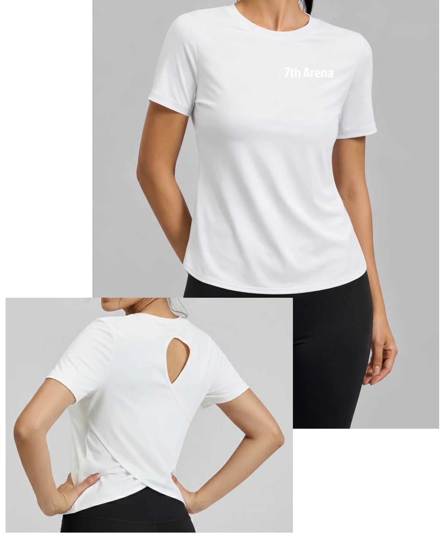 White t-shirt with cut-out design on the back, on gray background