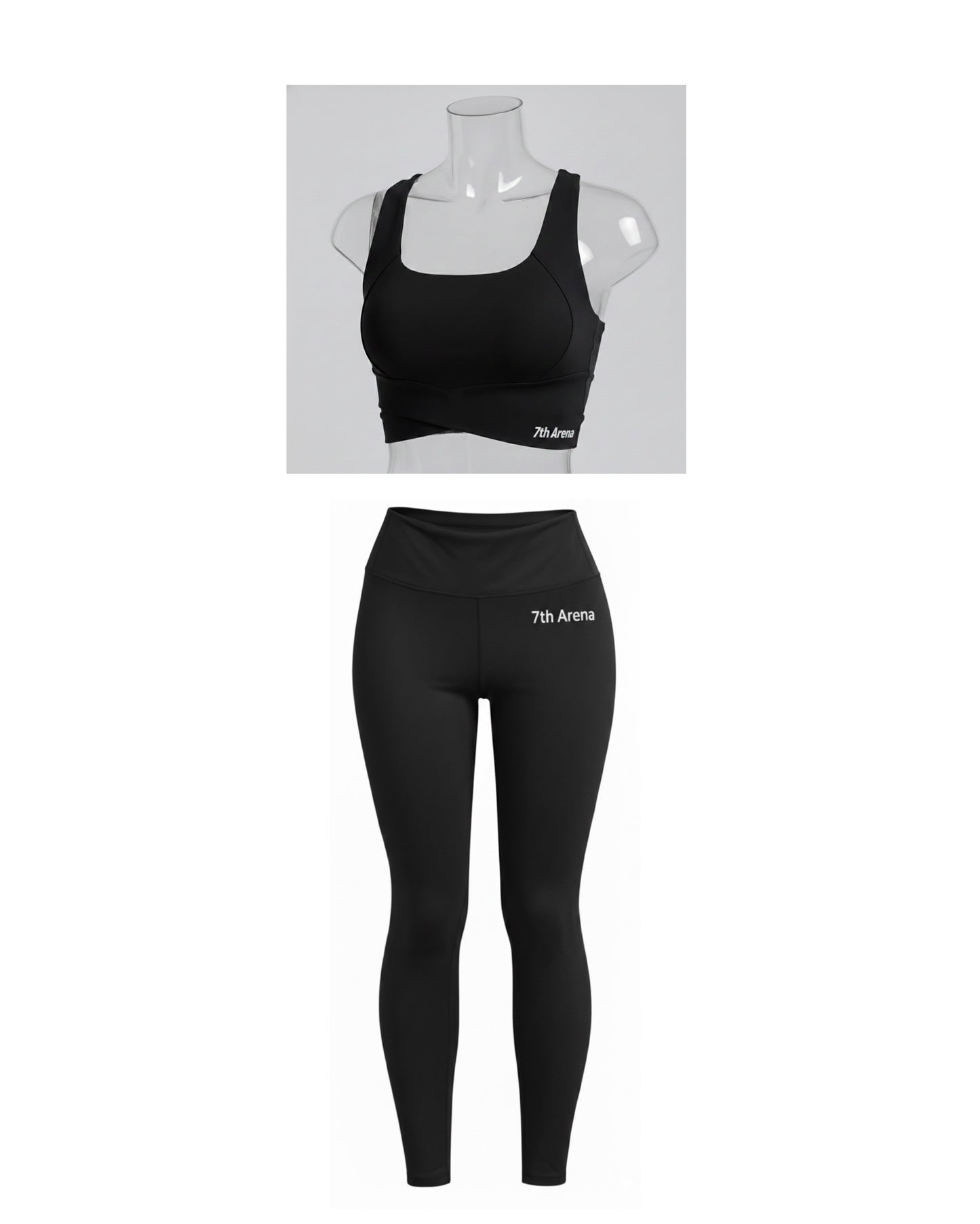 Black sports bra and leggings set with '7th Avenue' branding on a white background