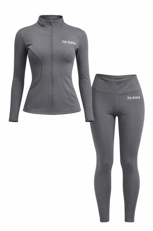 Grey athletic jacket and leggings set with '7th Avenue' branding on a white background