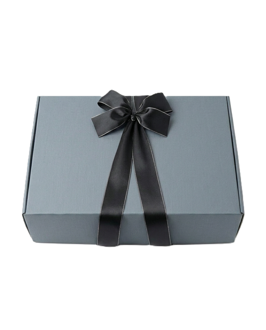 Gray gift box with a black ribbon on a white background