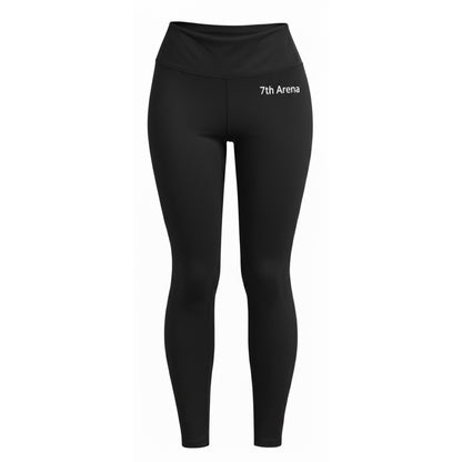 Black leggings with '7th Arena' logo on a white background