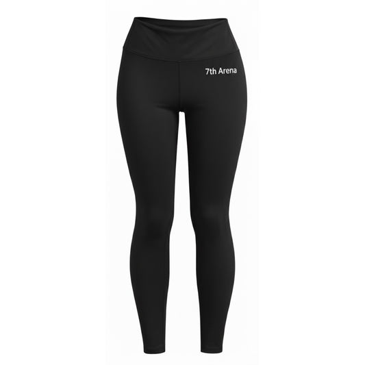 Black leggings with '7th Arena' logo on a white background