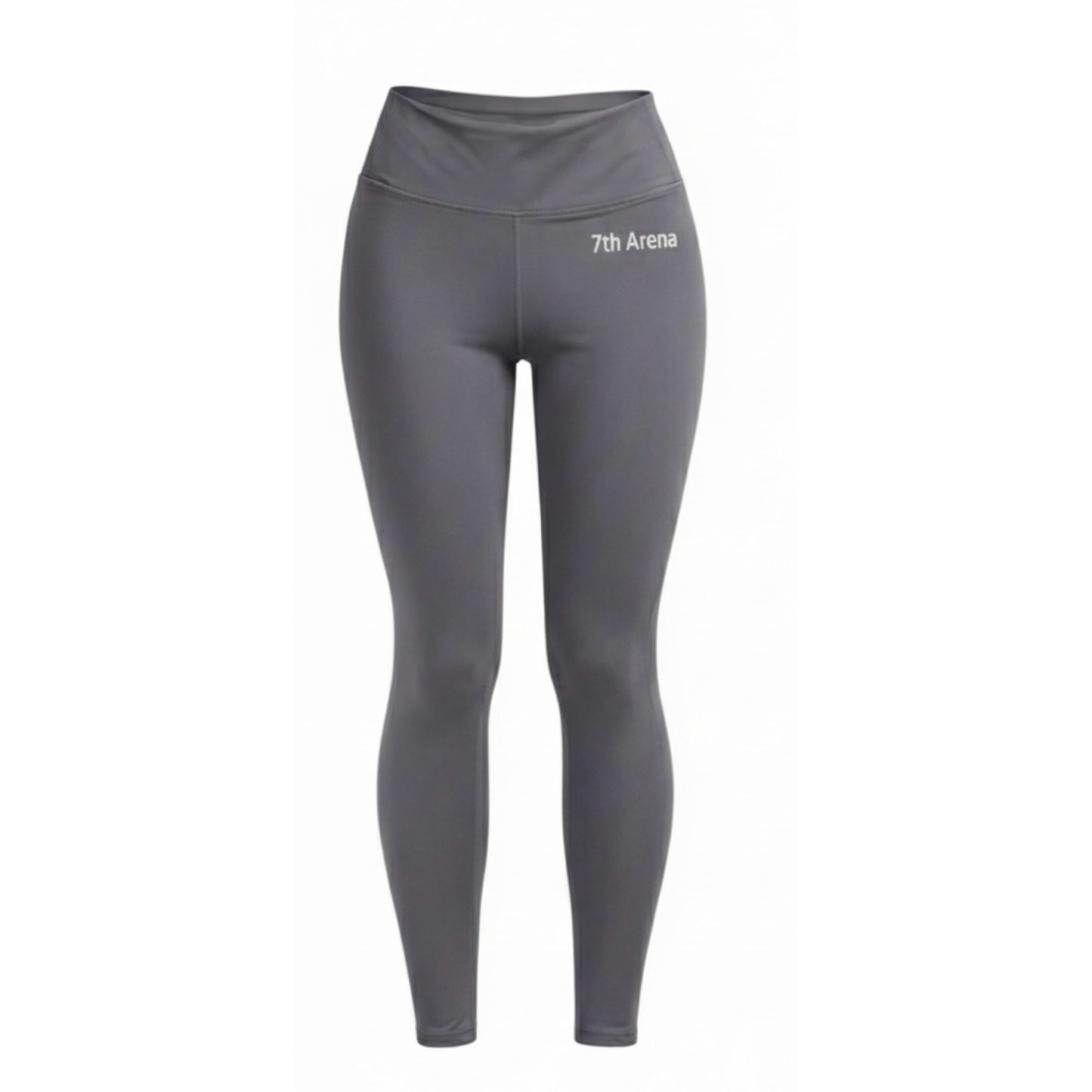 Grey leggings with '7th Arena' branding on a white background