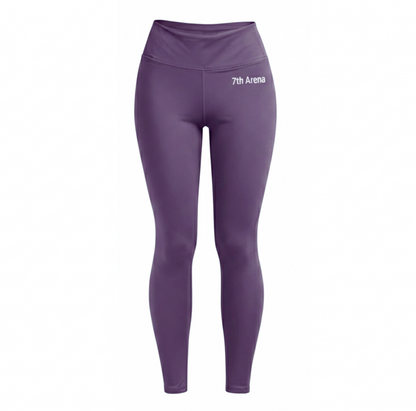 Purple leggings with '7th Arena' logo on a white background