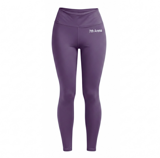 Purple leggings with '7th Arena' logo on a white background