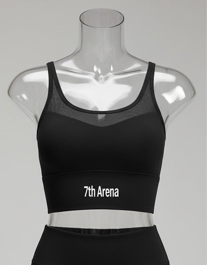 Black sports bra with '7th Arena' branding on a mannequin against a gray background