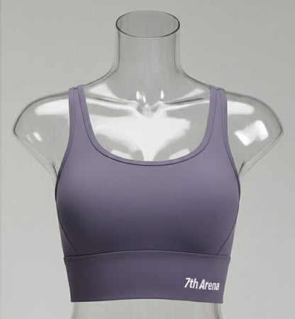 Purple sports bra on a mannequin with '7th Arena' branding against a gray background