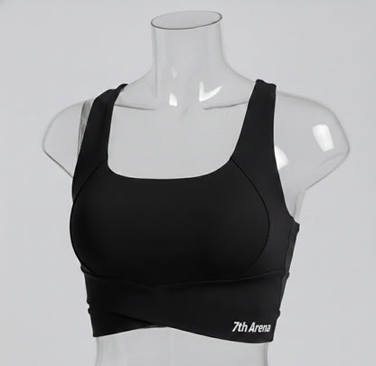 Black sports bra on a mannequin with '7th Arena' branding against a white background