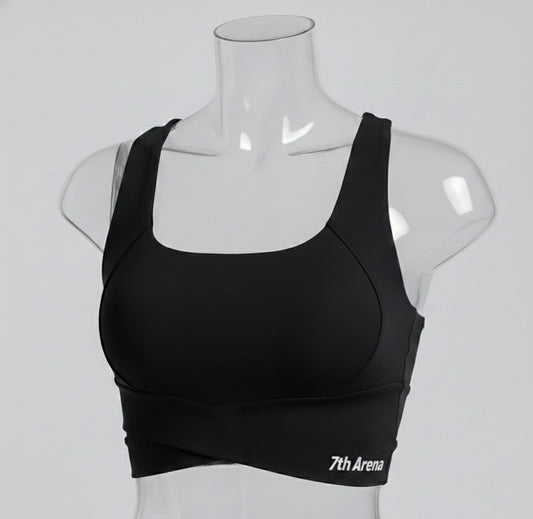 Black sports bra on a mannequin with '7th Arena' branding against a white background