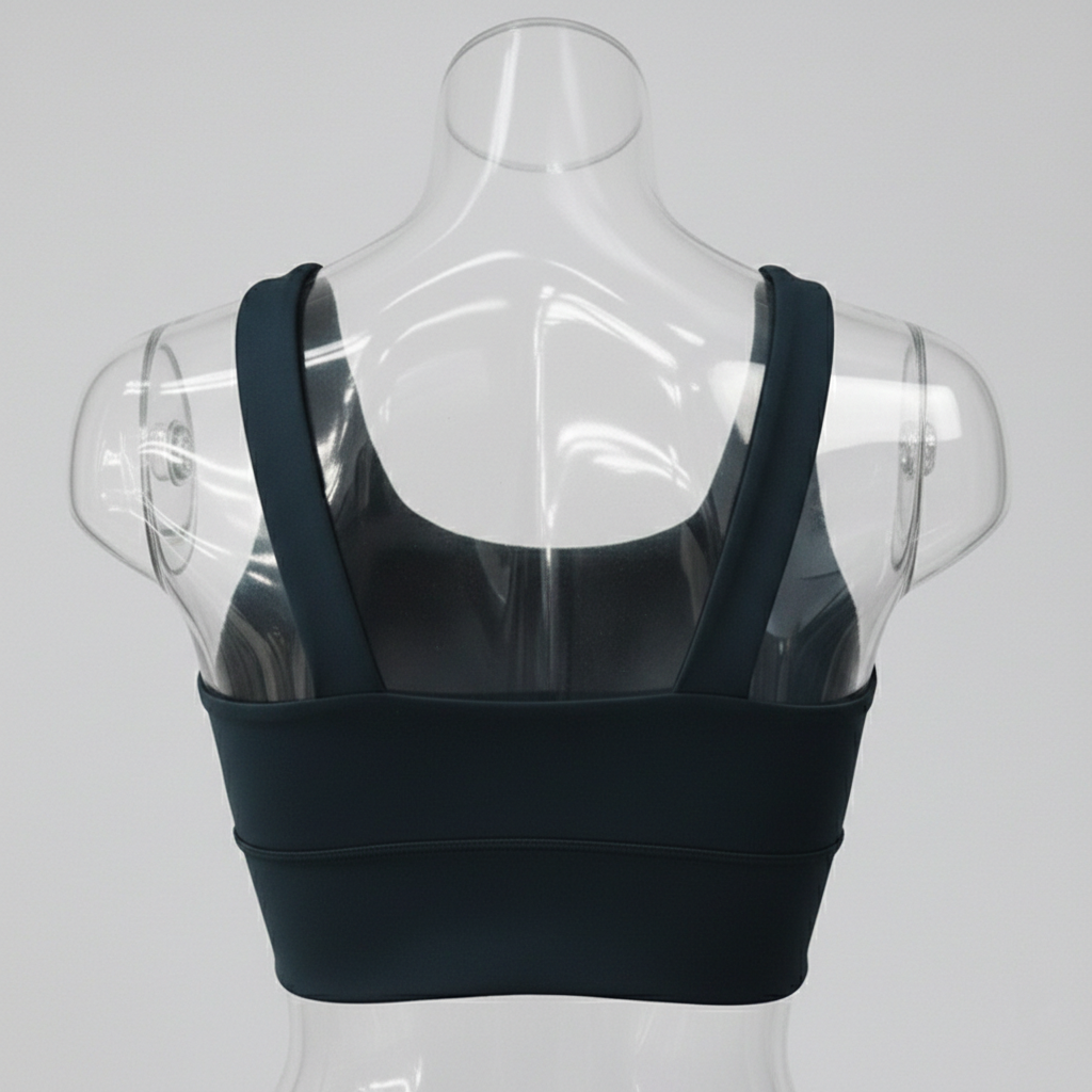 Black sports bra on a transparent mannequin against a gray background