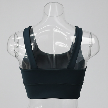 Black sports bra on a transparent mannequin against a gray background