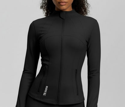 Black jacket worn by a person on a gray background