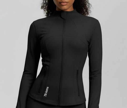 Black jacket worn by a person on a gray background