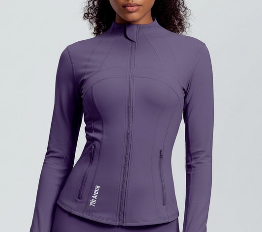Purple athletic jacket with a brand logo on a light gray background