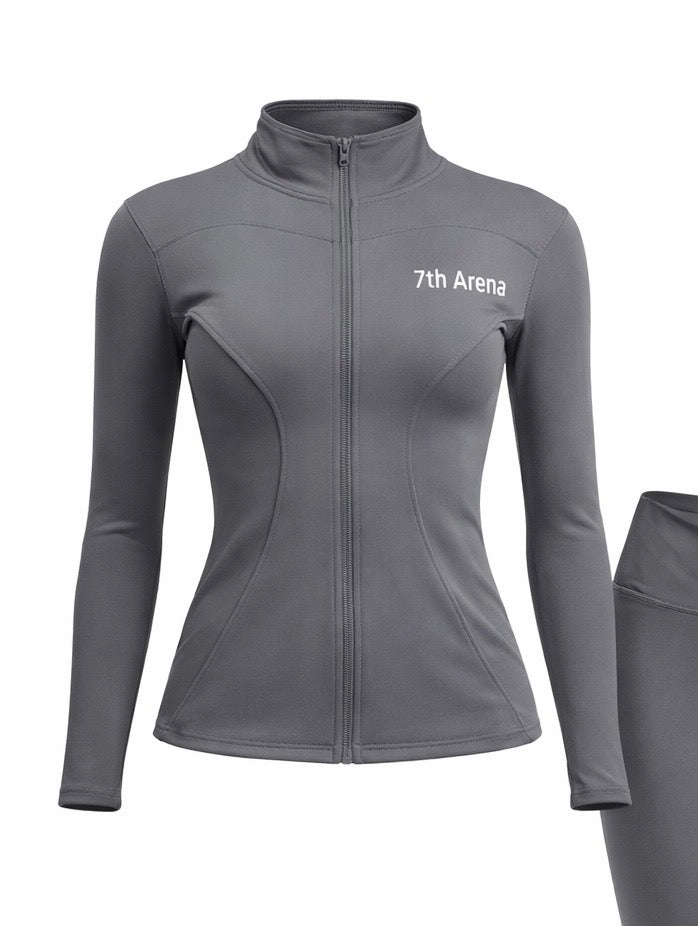 Gray athletic jacket with '7th Arena' logo on a white background