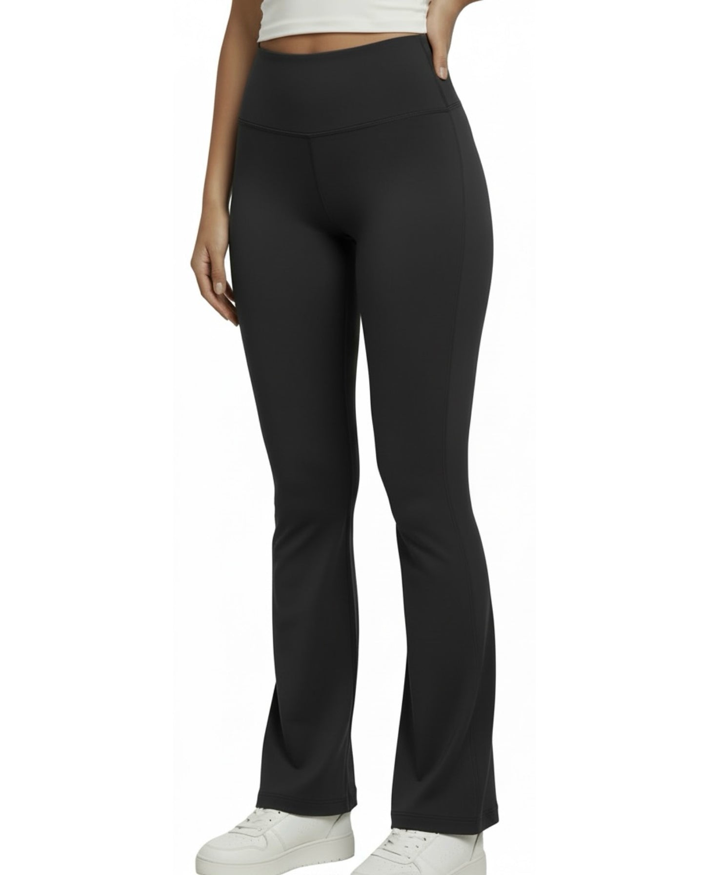 Person wearing black pants on a white background