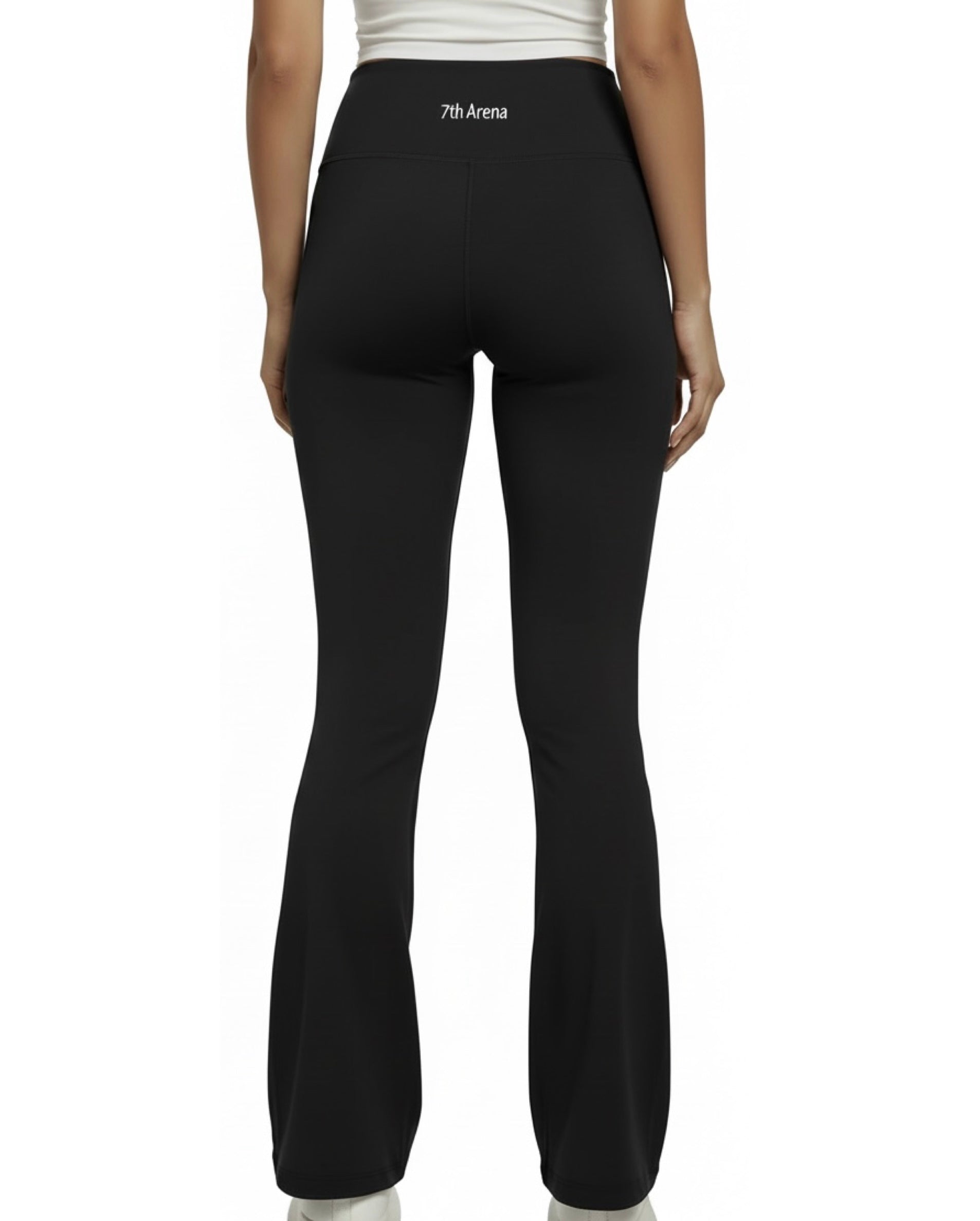 Black flare leggings with '7th Arena' branding on a white background