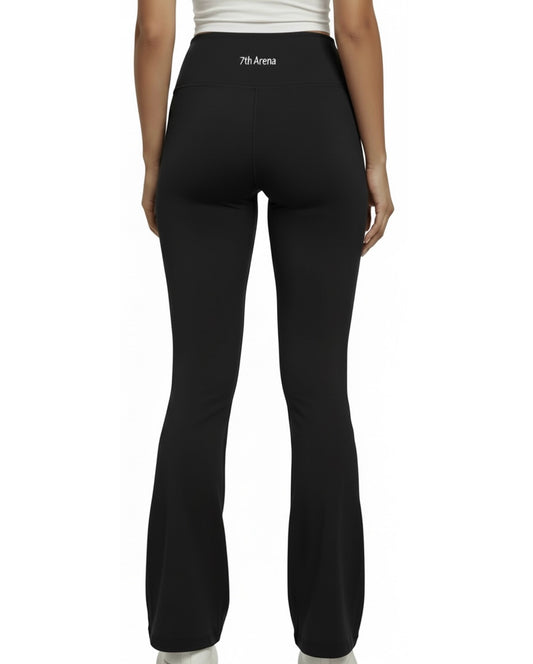 Black flare leggings with '7th Arena' branding on a white background