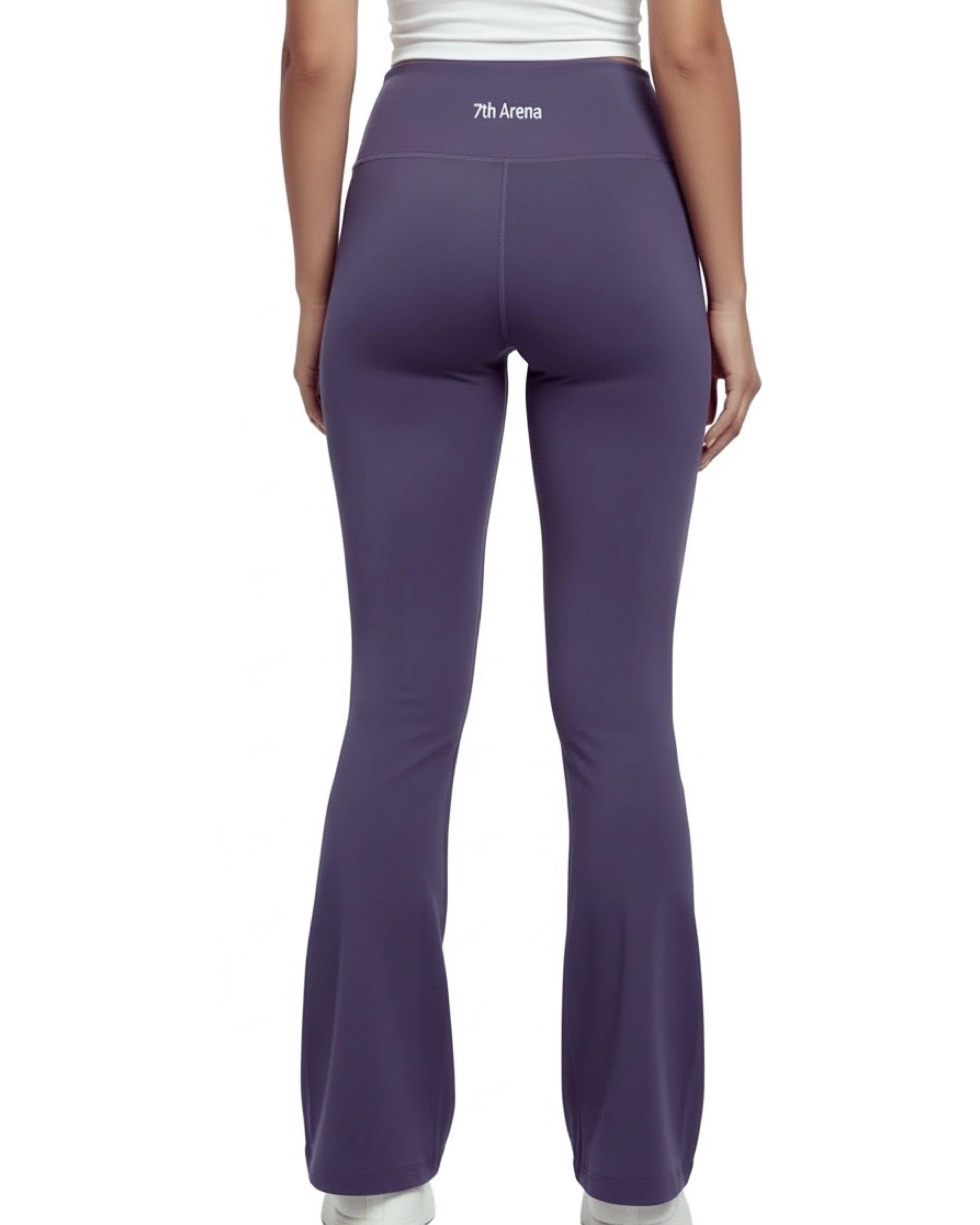 Purple flare leggings with '7th Avenue' branding on a white background