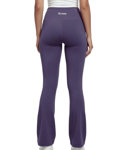 Purple flare leggings with '7th Avenue' branding on a white background