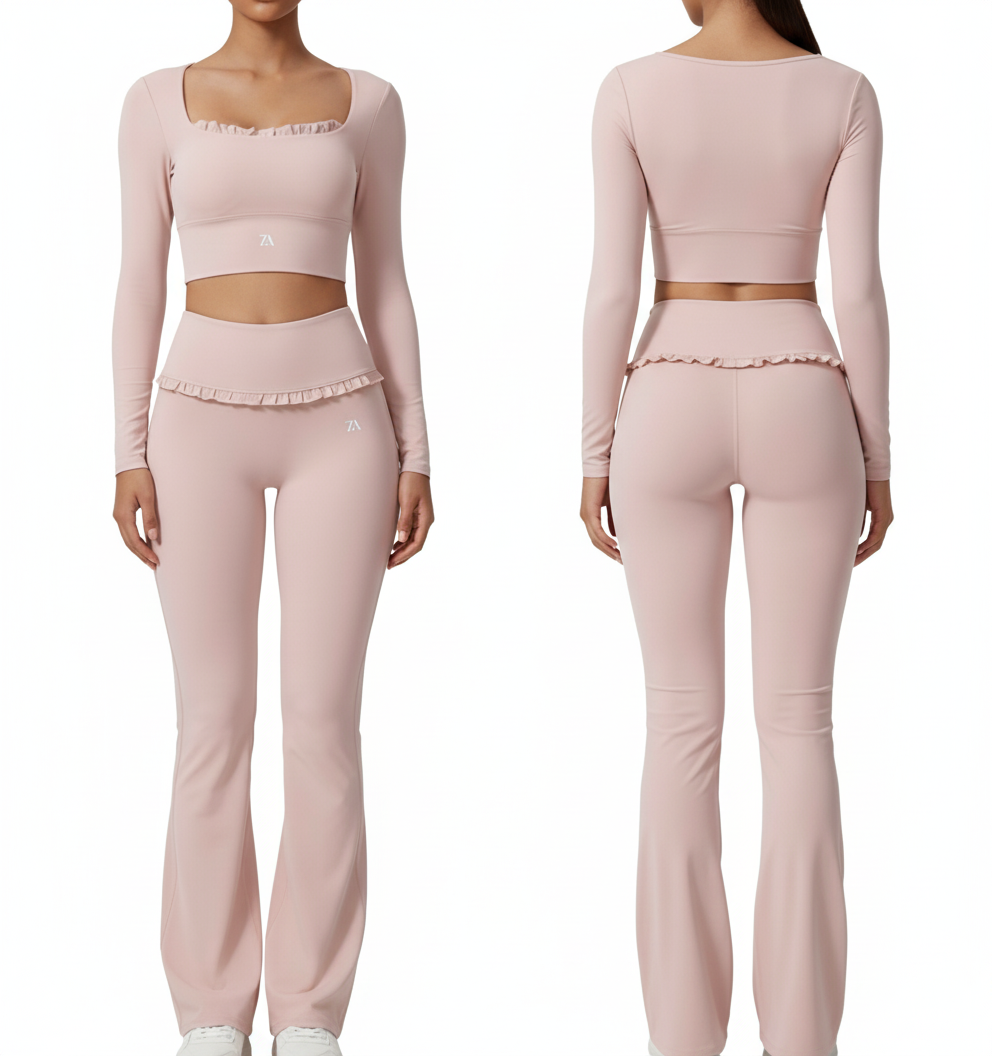 Pink athletic outfit set with long-sleeve cropped top and leggings on a white background