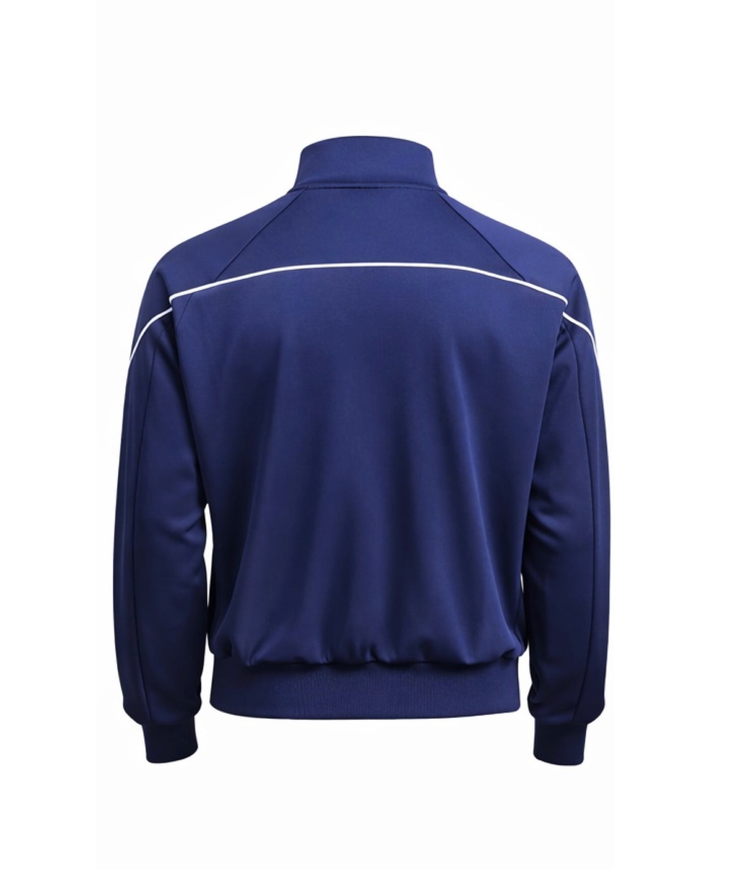 Navy blue jacket with white accents on a white background
