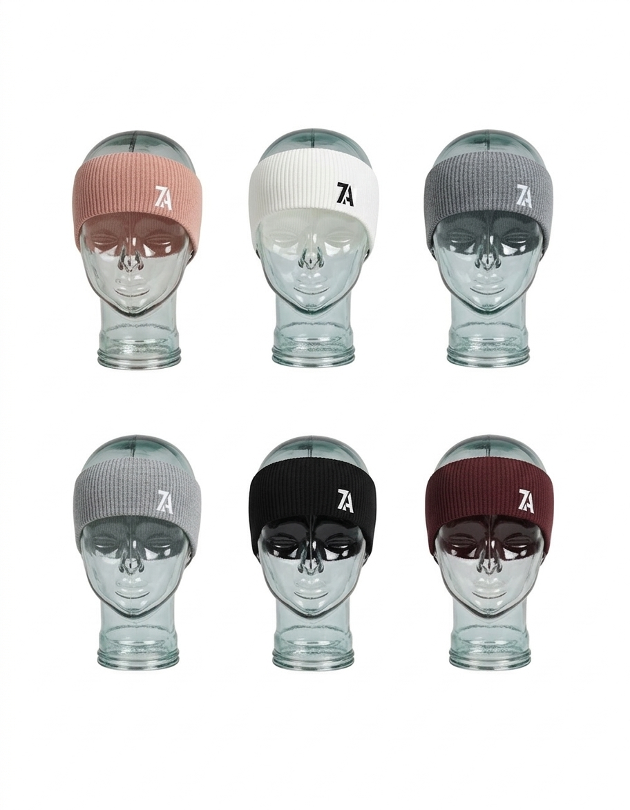 Set of six headbands on mannequin heads with a brand logo, displayed against a white background.