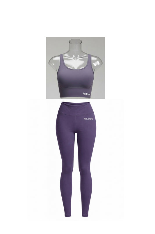 Purple sports bra and leggings set on a mannequin with a white background