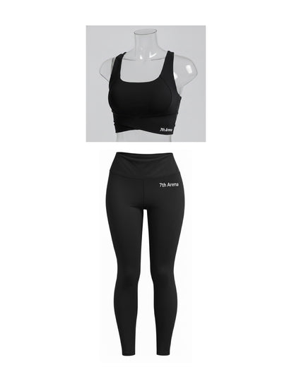 Black sports bra and leggings set with '7th Avenue' branding on a white background
