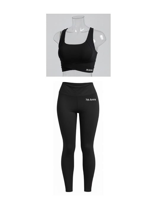 Black sports bra and leggings set with '7th Avenue' branding on a white background