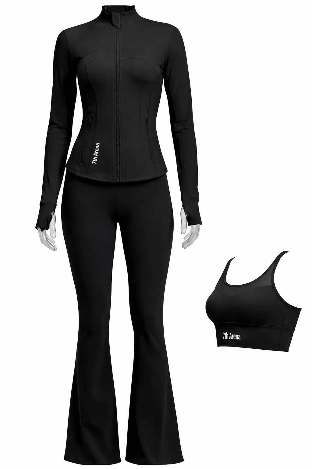 Black athletic outfit with jacket, pants, and sports bra on a white background