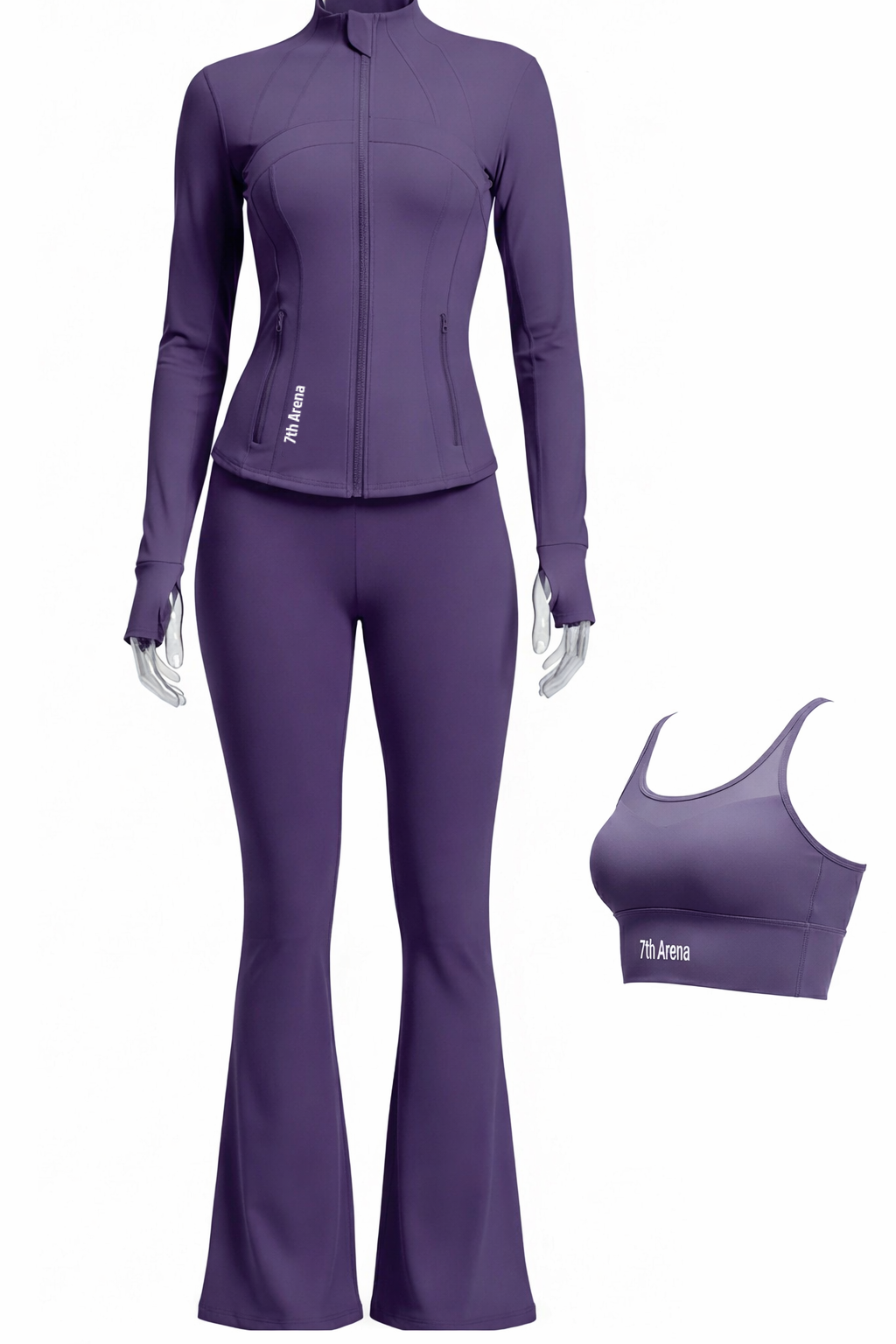 Purple athletic jacket and pants set with matching sports bra on a white background