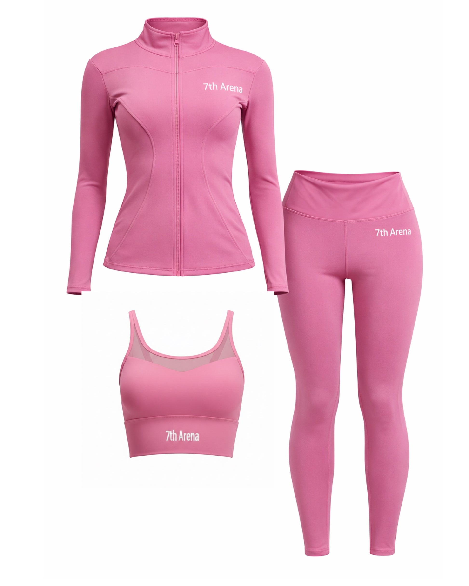 Pink athletic outfit with jacket, leggings, and sports bra on a white background
