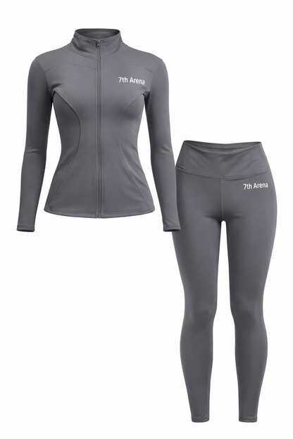 Grey athletic jacket and leggings set with '7th Avenue' branding on a white background