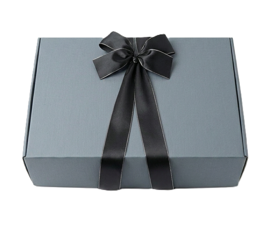 Gray gift box with a black ribbon on a white background